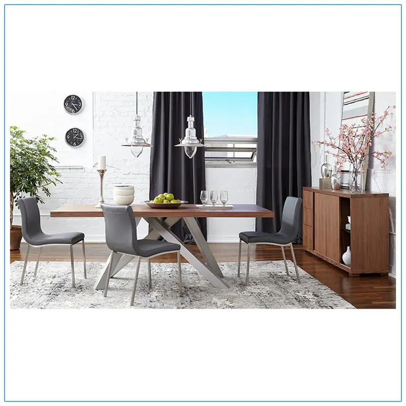 Dacy conference table with gray upholstered chairs in a furnished room.