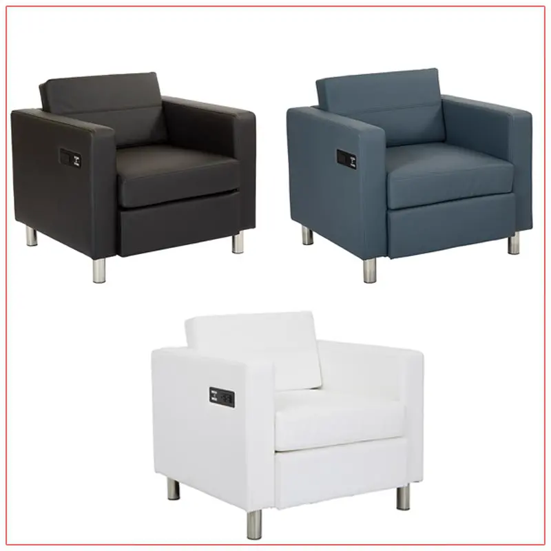 Jolt Bay lounge chairs in charcoal, blue and white upholstery.