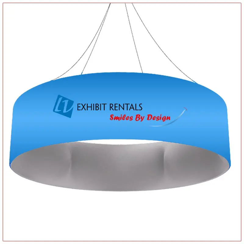 Rendering: circular blue printed hanging sign with suspension wires.