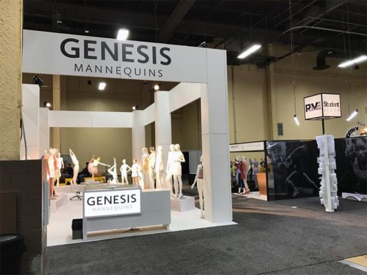 20x40 Custom Trade Show Booth Rental Package - Genesis Mannequins USA - Front View - LV Exhibit Rentals in Las Vegas