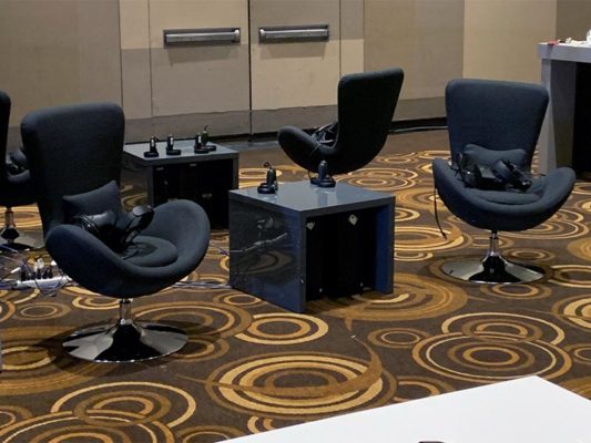 Black Grand Lounge Chairs with Gray Abby End Tables - LV Exhibit Rentals in Las Vegas