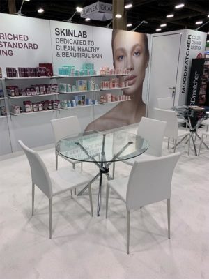 Glass Hydra Cafe Table with White Diana Chairs - LV Exhibit Rentals in Las Vegas