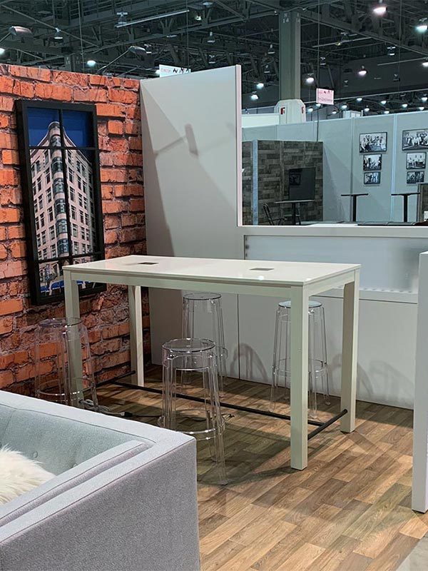 Jolt Odin Bar Table in White with Ange Bar Stools - LV Exhibit Rentals in Las Vegas