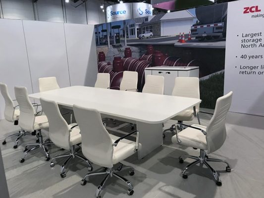 White 10ft Conference Table with White Fenella Office Chairs - LV Exhibit Rentals in Las Vegas