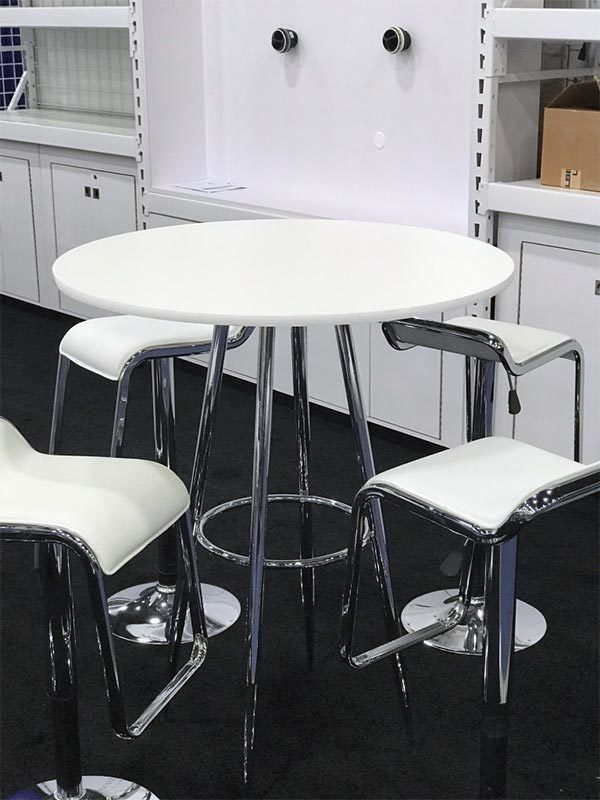 White Bravo Bar Table with White Furgus Adjustable Bar Stools - LV Exhibit Rentals in Las Vegas