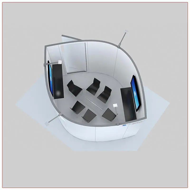 Rendering of a round meeting room with a table, chairs, and wall-mounted screen, viewed from above.