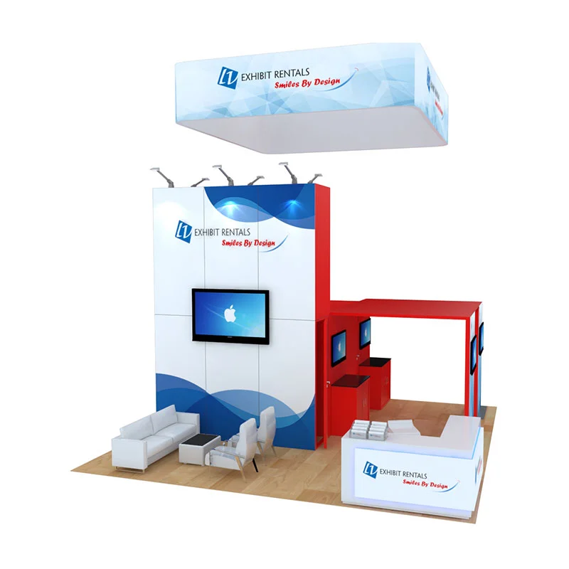 3D rendering of a sleek trade show exhibit booth by LV Exhibit Rentals, Package #470, featuring a tall branded display with a mounted TV, seating area with white couches, a backlit counter, vinyl flooring, multiple TVs under a red canopy, and a hanging sign overhead.
