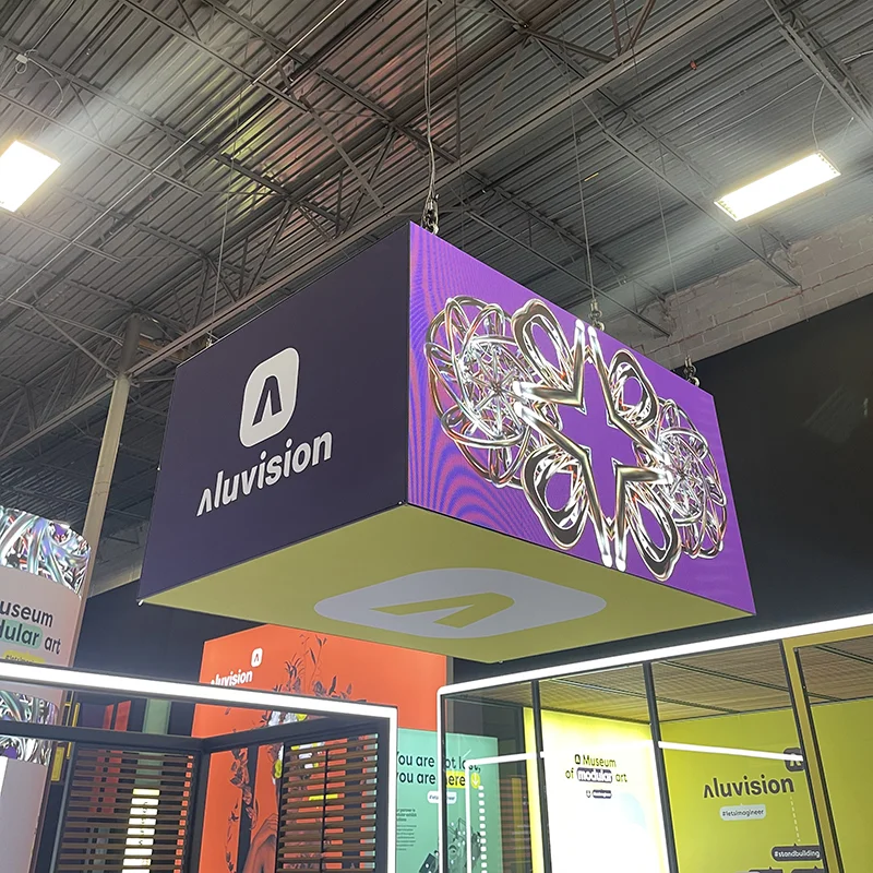 Elevated led hanging signage in trade show booth design in las vegas