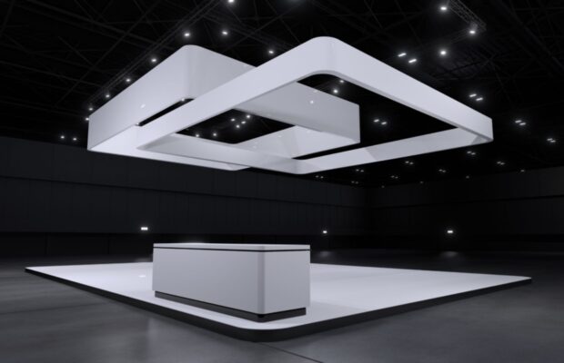 10x10 interactive trade show booth design layout with a hanging led illustration