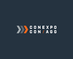 CONEXPO-CON/AGG logo with three bold arrows pointing right and white text on a dark blue background