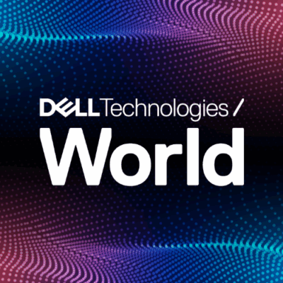 Dell Technologies World logo with abstract blue and purple digital wave background