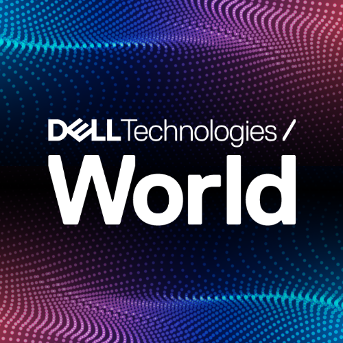 Dell Technologies World logo with abstract blue and purple digital wave background