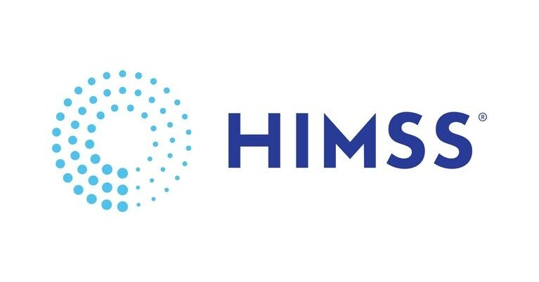 Logo of HIMSS featuring a circular dotted design on the left in gradient blue shades and the text "HIMSS" in bold blue letters on the right.