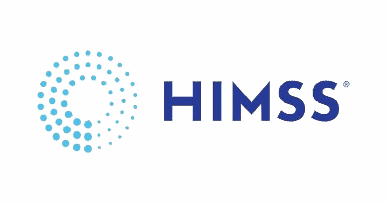 Logo of HIMSS featuring a circular dotted design on the left in gradient blue shades and the text "HIMSS" in bold blue letters on the right.