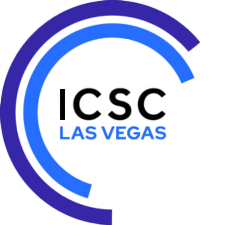 ICSC Las Vegas logo featuring bold black and blue text surrounded by curved blue lines forming a partial circular design, representing the International Council of Shopping Centers event in Las Vegas.