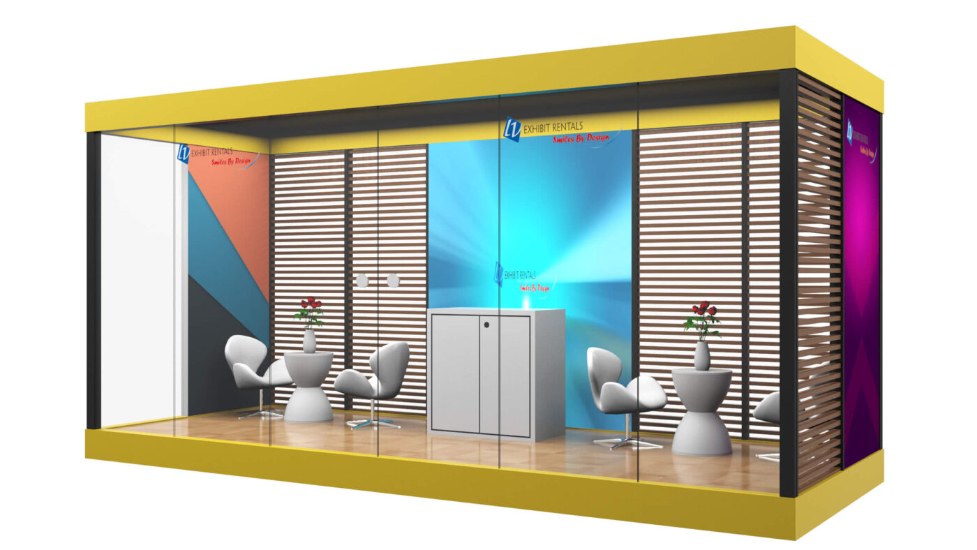 Single-level Flexbox meeting-room concept with seating, glass walls and decorative slatted panels