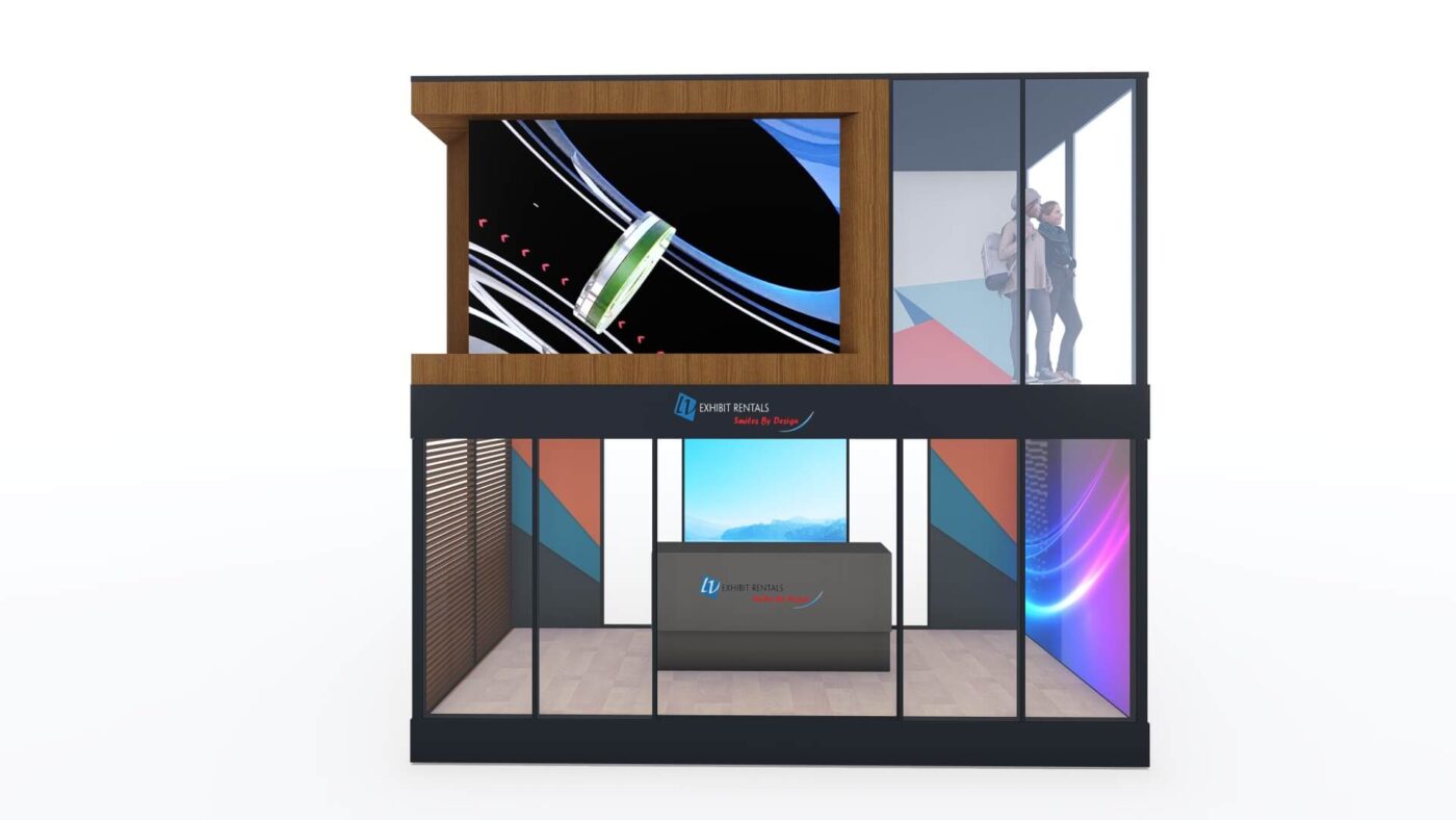 Double-deck booth concept with a ground-level reception counter and integrated video above