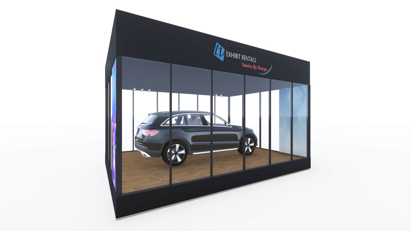 Wide Flexbox layout concept with connected glass-front modules surrounding a vehicle display