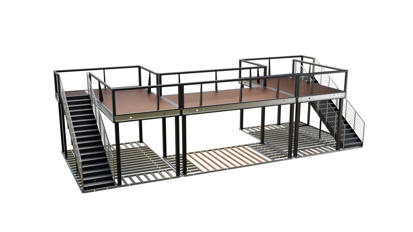 Unfinished double-deck booth structure concept with an upper platform, railings and stairways at both ends