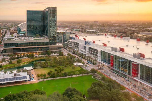 aerial view of the george r brown convention center in houston