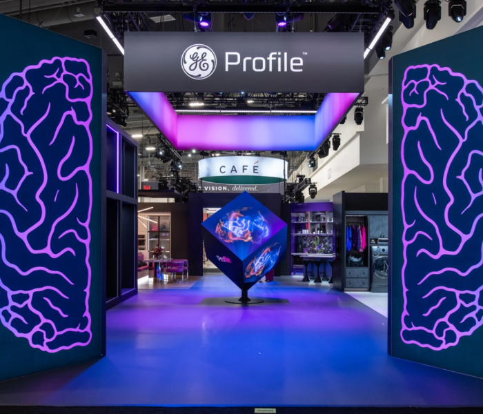 GE Profile booth at the KBIS trade show featuring a striking LED tile diamond trade show display, vibrant lighting, and branded graphics that create an immersive experience.